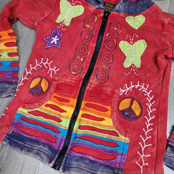 Rising International Kid Rainbow Patchwork Hoodie Jacket Peace Signs Butterflies - Picture 2 of 6